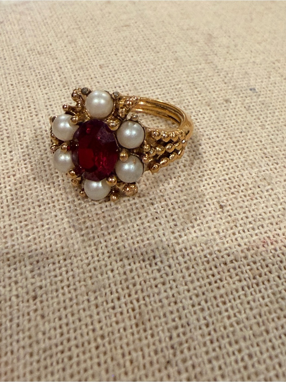 Avon Gold Tone Cocktail Ring Vintage Ruby Red Stone Faux Pearl Accent Adjustable